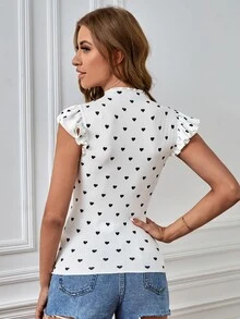 SHEIN Privé Camiseta con estampado de corazón ribete en forma de lechuga - Blanco - Ver 2