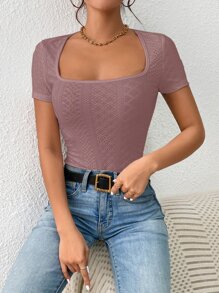 SHEIN Frenchy Áo thun nữ màu trơn Giải trí - Cà phê nâu - Xem 7