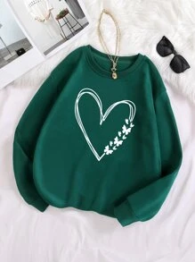 INAWLY Plus Heart Print Thermal Lined Sweatshirt - Dark Green - View 1