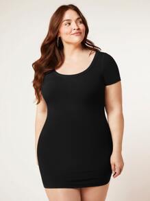 SHEIN BASICS Plus Solid Bodycon Dress - Black - View 3