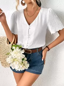 SHEIN Frenchy Solid Button Front Puff Sleeve Blouse Summer White White Casual - White - View 1