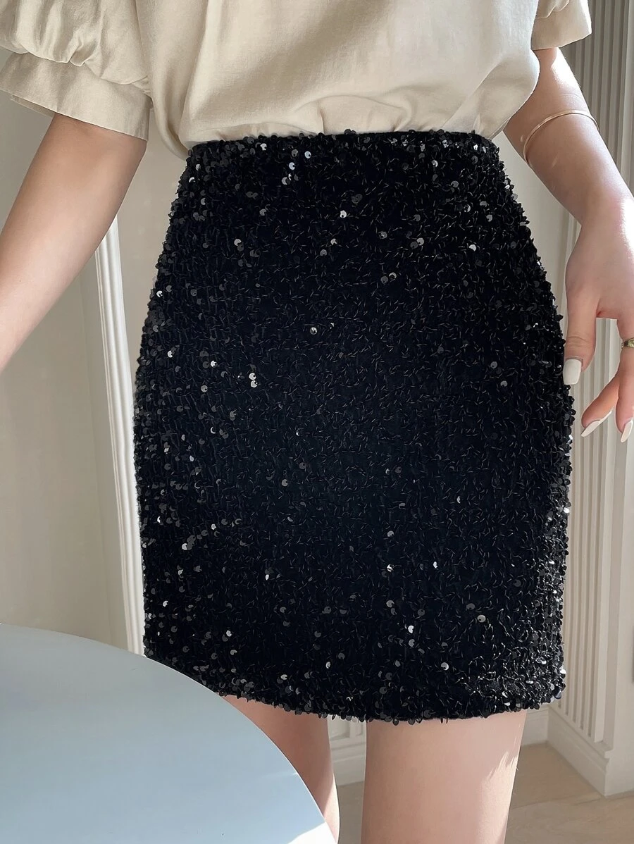 DAZY 高腰亮片直筒半身裙 舞会裙 铅笔裙 冬季新年女士嘉年华 - 黑色 - 查看 1