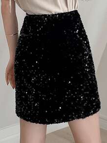 DAZY 高腰亮片直筒半身裙 舞会裙 铅笔裙 冬季新年女士嘉年华 - 黑色 - 查看 2