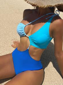 拼色镂空单肩连体泳衣 夏季 - 藍色 - 查看 3