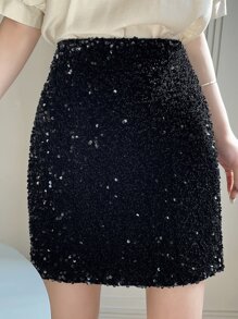 DAZY 高腰亮片直筒半身裙 舞会裙 铅笔裙 冬季新年女士嘉年华 - 黑色 - 查看 5