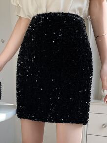 DAZY 高腰亮片直筒半身裙 舞会裙 铅笔裙 冬季新年女士嘉年华 - 黑色 - 查看 8