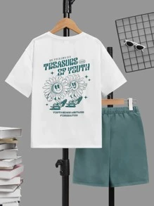 SHEIN 男孩標語和印花T恤和短褲