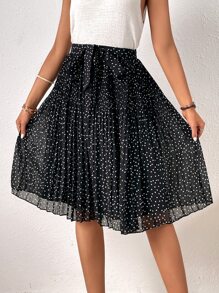 SHEIN Frenchy 波點圖案腰帶褶皺半身裙 - 黑色 - 查看 2