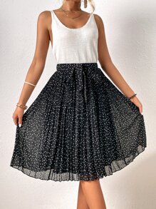 SHEIN Frenchy 波點圖案腰帶褶皺半身裙 - 黑色 - 查看 3