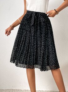 SHEIN Frenchy 波點圖案腰帶褶皺半身裙 - 黑色 - 查看 4