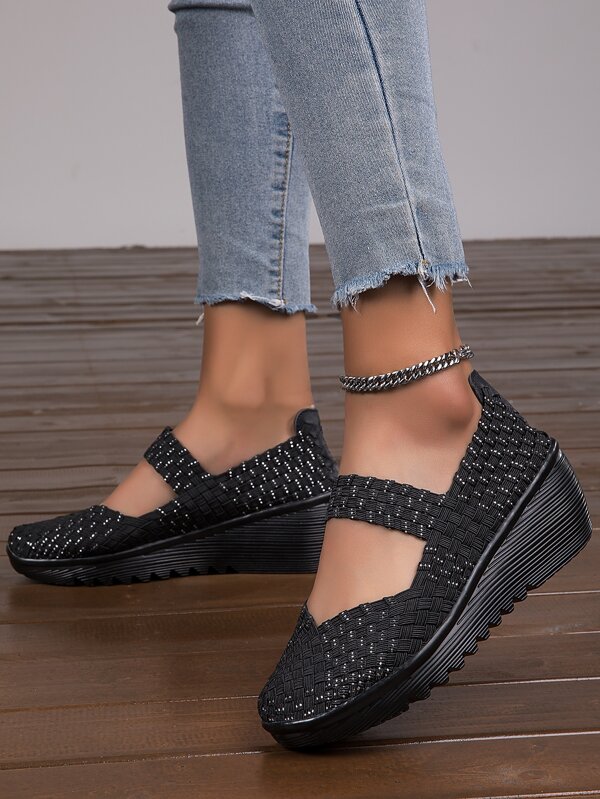 Sporty Black Wedge Sneakers For Women, Cut Out Design Braided Detail