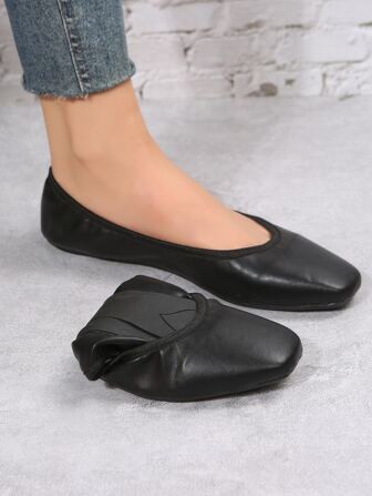 Elegant Black Ballet Shoes For Women, Stitch Detail Square Toe Flats