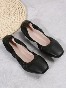 Fall/Winter Women's Black Versatile Foldable Comfortable Flat Dance Shoes, Fashion Square Toe Slip-On Dance Flats, Suitable For Mothers