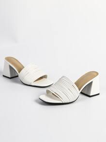 Elegant White Mule Sandals For Women, Multi Thin Strap Chunky Heeled Sandals - White - View 3