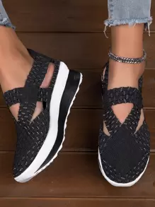 運動黑色坡跟運動鞋適用於女士剪裁設計編織細節鞋 - 黑色 - 查看 5