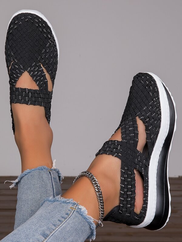 deportivo negro Zapatillas deportivas cuña para con diseño de abertura con diseño trenzado Zapatos