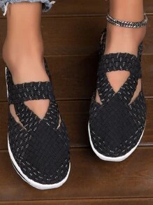 運動黑色坡跟運動鞋適用於女士剪裁設計編織細節鞋 - 黑色 - 查看 4