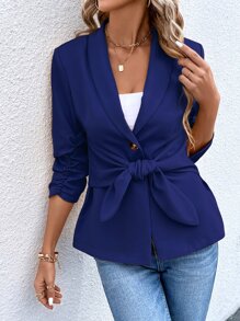 SHEIN Privé Shawl Collar Knot Front Ruched Cuff Blazer - Royal Blue - View 5
