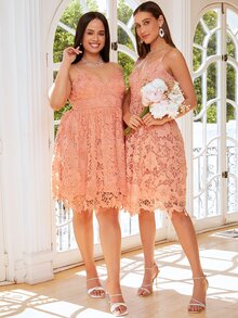 SHEIN Belle 大碼1入組素色蕾絲伴娘連衣裙 - 珊瑚橙 - 查看 8