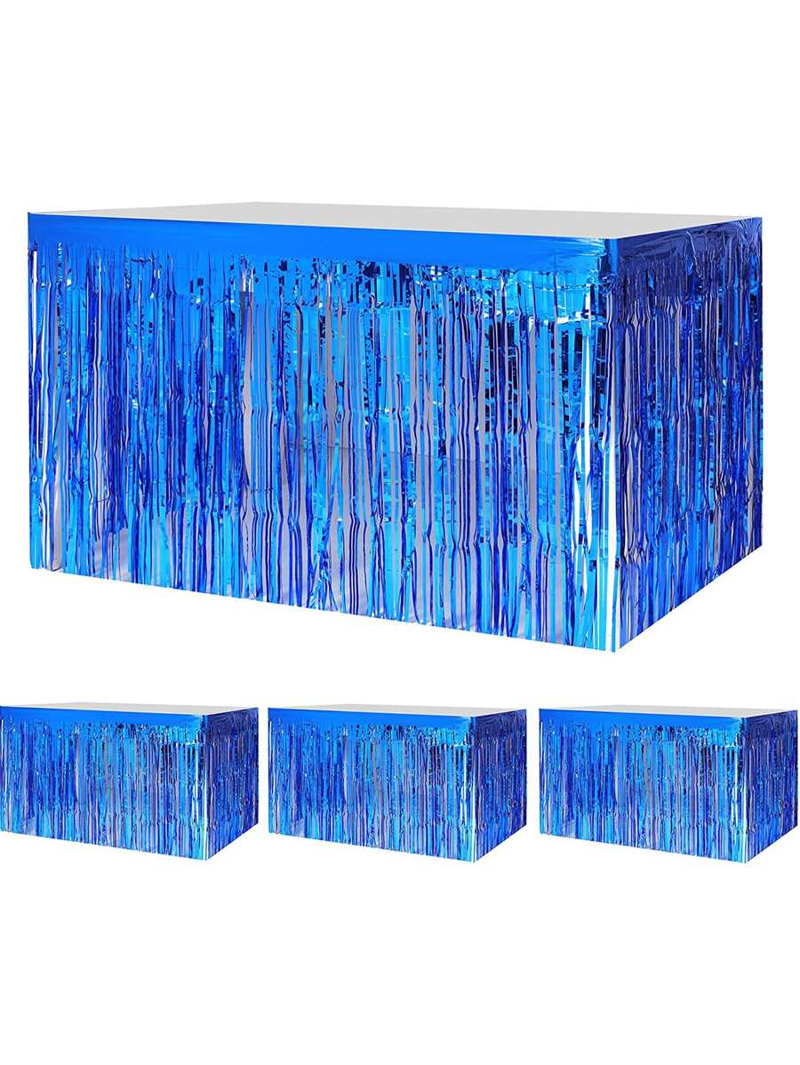 1 khăn trải bàn tua rua kim loại, váy bàn hình chữ nhật bằng dây kim loại màu xanh lam dùng cho Giáng sinh, sinh nhật, trang trí tiệc cưới, Giáng sinh - Màu xanh lam - Xem 1