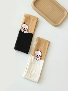 2双装女童无脚连裤袜，舞蹈裤，白色、肤色、卡其色、杏色、红色、黑色、撞色、多色、印花、小狗、草莓、字母图案，春夏款，可爱简约，学院风，适合日常穿着，学生/女孩适用，可搭配裙子，返校季必备 - 彩色 - 查看 2
