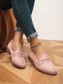 時尚粉色樂福鞋適用於女士針腳細節仿麂皮平底鞋