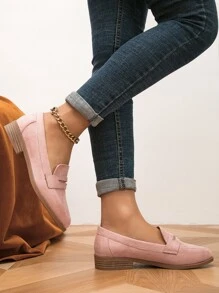 時尚粉色樂福鞋適用於女士針腳細節仿麂皮平底鞋