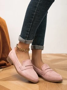 時尚粉色樂福鞋適用於女士針腳細節仿麂皮平底鞋