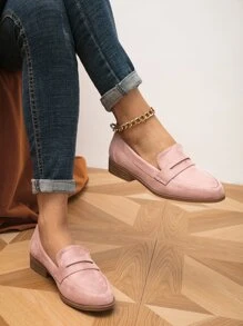 時尚粉色樂福鞋適用於女士針腳細節仿麂皮平底鞋