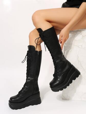 Fall/Winter Punk Black Wedge Boots For Women, Zipper Side Lace Up Stitch Detail Square Toe Boots,Knee High Boots