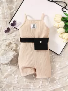 嬰兒字母補丁細節吊帶連體短褲帶腰包 - 杏色 - 查看 1