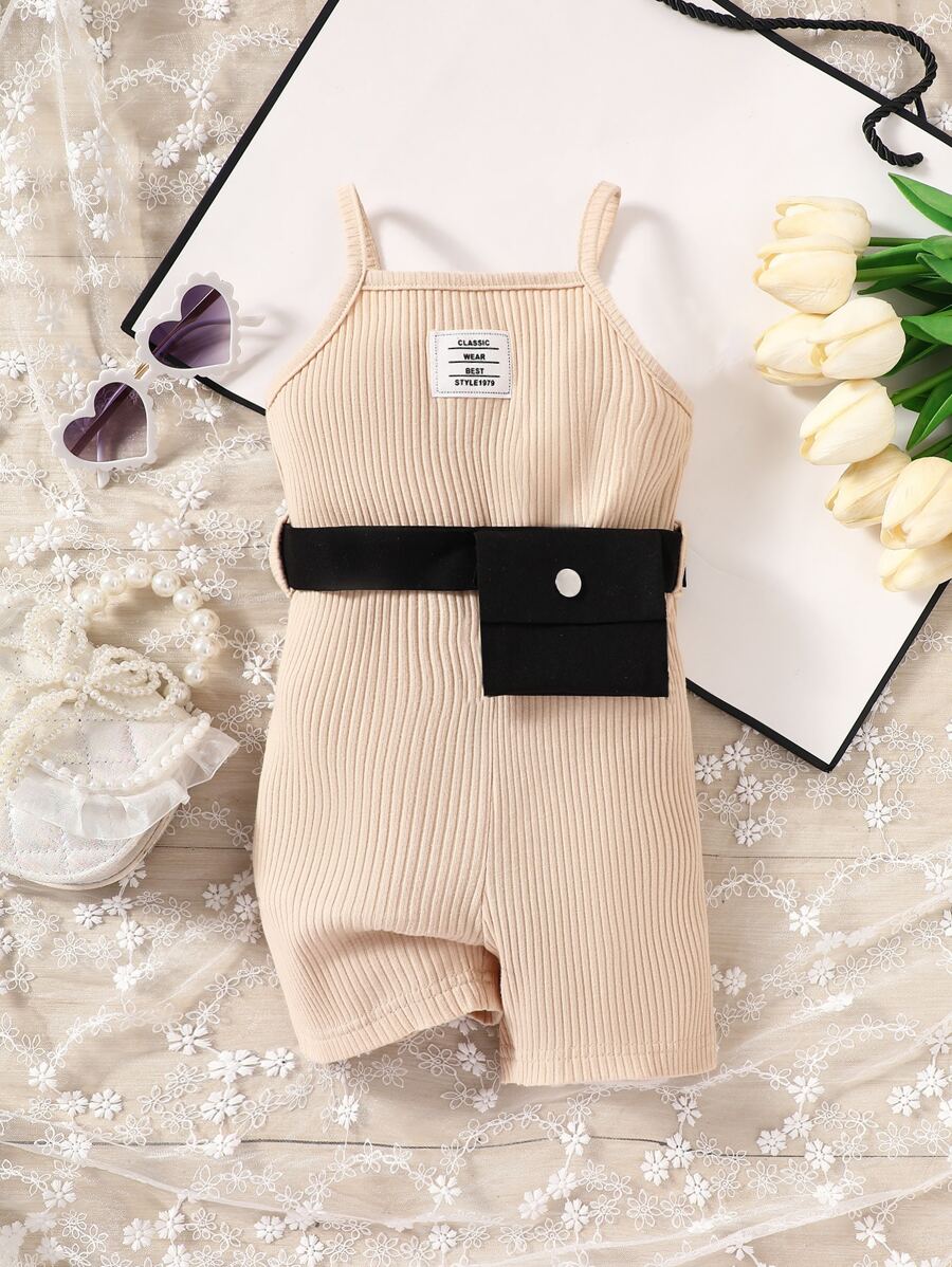 嬰兒字母補丁細節吊帶連體短褲帶腰包 - 杏色 - 查看 1