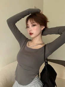 Solid Curved Hem Tee - Dark Grey - View 1