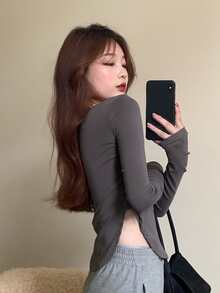 Solid Curved Hem Tee - Dark Grey - View 2