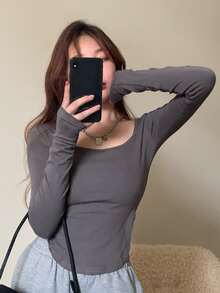 Solid Curved Hem Tee - Dark Grey - View 3