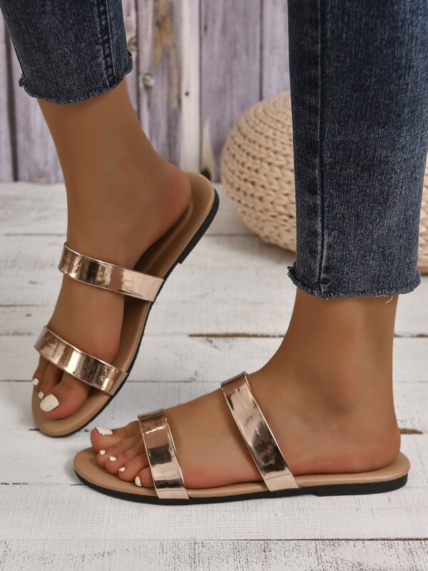 Glamorous Gold Slide Sandals For Women, Double Strap Flat Sandals SHEIN USA