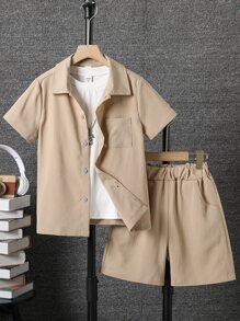 SHEIN Tween Boy Solid Pocket Patched Button Up Shirt & Shorts Without Tee, School, Campus, College