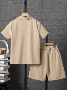 SHEIN Tween Boy Solid Pocket Patched Button Up Shirt & Shorts Without Tee, School, Campus, College
