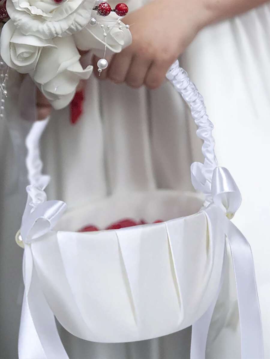 1入組花女孩現代白色滌綸婚禮花籃適合婚禮