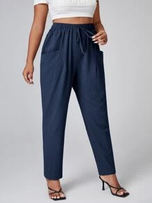 SHEIN LUNE Pantalones de cintura con nudo con parche de bolsillo - Azul Marino - Ver 4