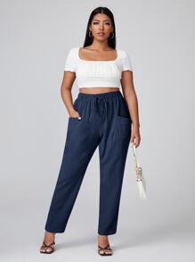 SHEIN LUNE Pantalones de cintura con nudo con parche de bolsillo - Azul Marino - Ver 5