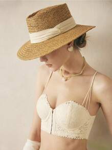 1入組女士打結絲帶裝飾波西米亞草編帽適用於海灘
