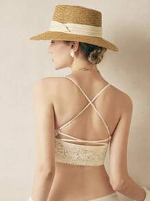 1入組女士打結絲帶裝飾波西米亞草編帽適用於海灘