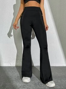 SHEIN Contrast Mesh Phone Pocket Flare Leg Trousers - Black - View 4