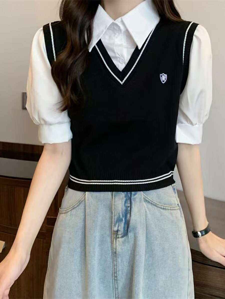 Top de punto 2 en 1 en contraste con parche de manga farol - Negro - Ver 1