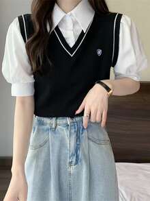 Top de punto 2 en 1 en contraste con parche de manga farol - Negro - Ver 4