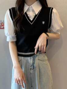 Top de punto 2 en 1 en contraste con parche de manga farol - Negro - Ver 5