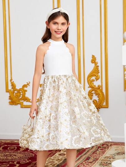 SHEIN Girls Floral Embroidery Mesh Scallop Trim Halter Neck Dress