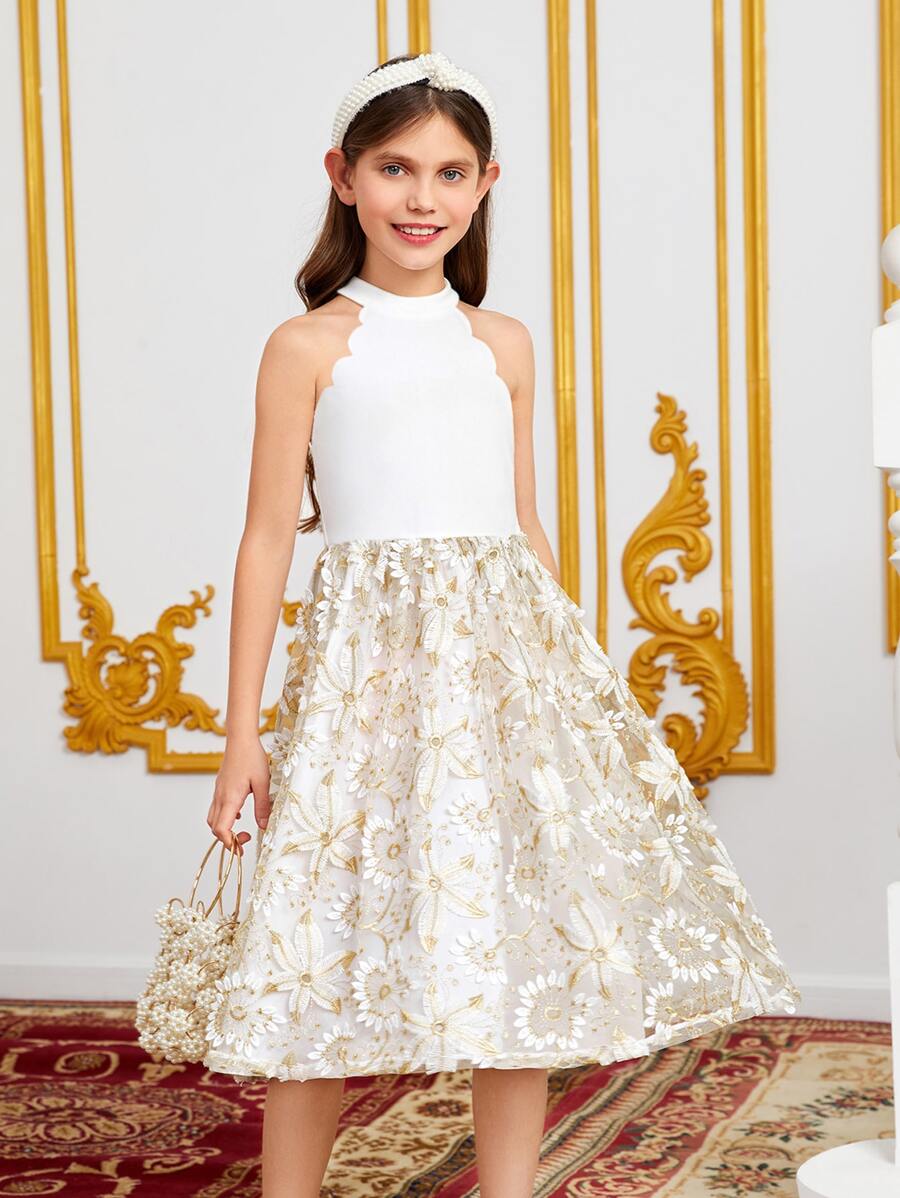 SHEIN Girls Floral Embroidery Mesh Scallop Trim Halter Neck Dress - Multicolor - View 1