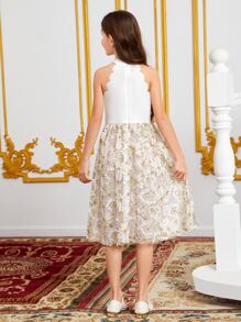 SHEIN Girls Floral Embroidery Mesh Scallop Trim Halter Neck Dress - Multicolor - View 2